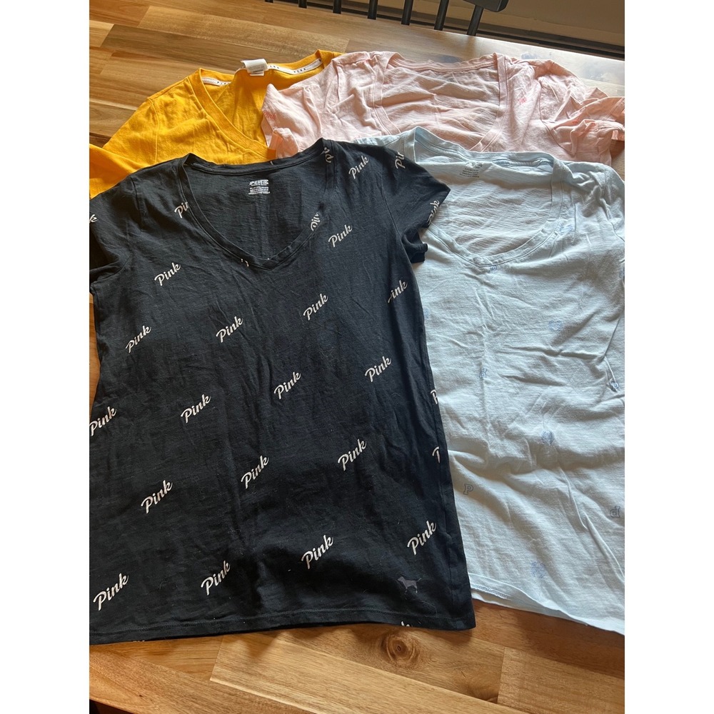 Victoria's Secret PINK V-Neck T-Shirt Lot of 4 Black Blue Yellow Pink Small‎ XS